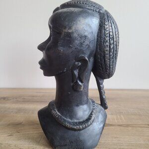 Vintage 10'' tall hand carved ebony wood African tribal head bust statue.